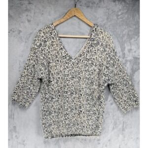 BKE Boutique Leopard Eyelash Knit V-Neck Sweater Small Fuzzy Metallic 3/4 Sleeve
